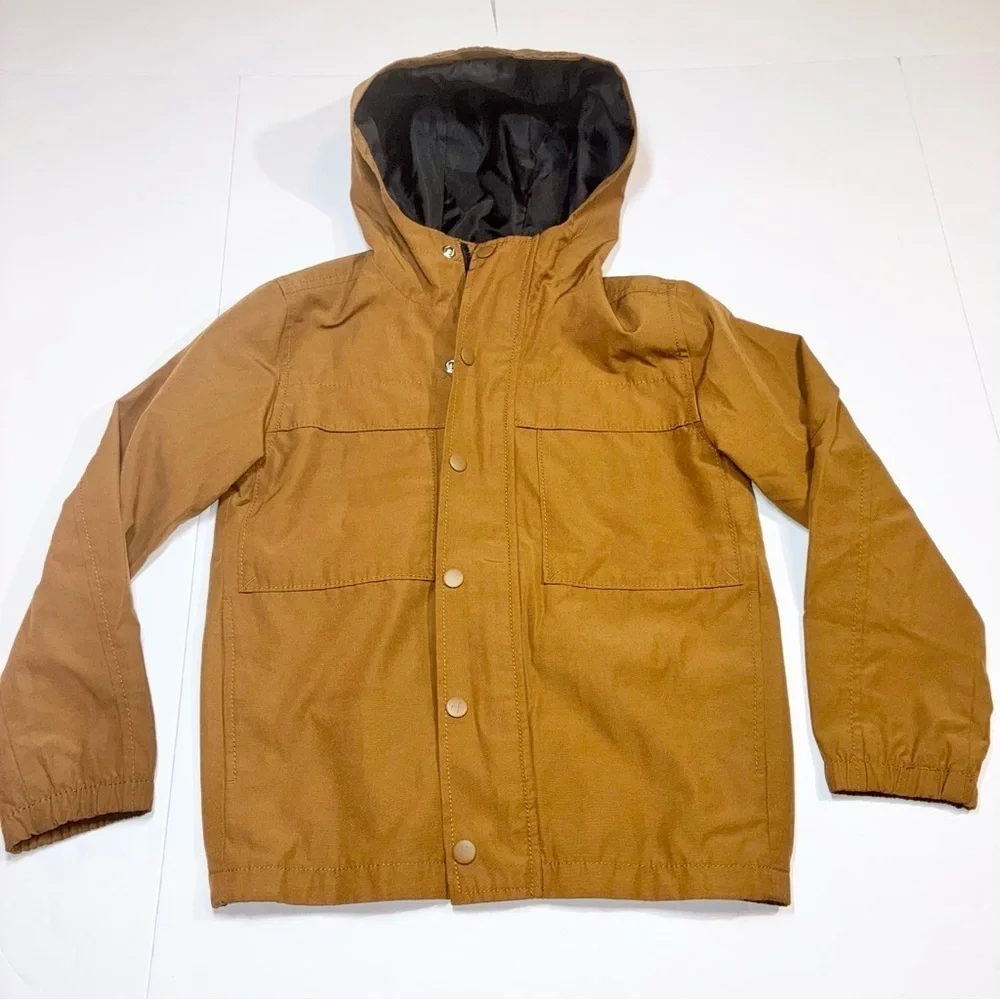 Old Navy Brown Rain Jacket Boys Small (4-6) Utility Snaps Zipper Hood Pockets